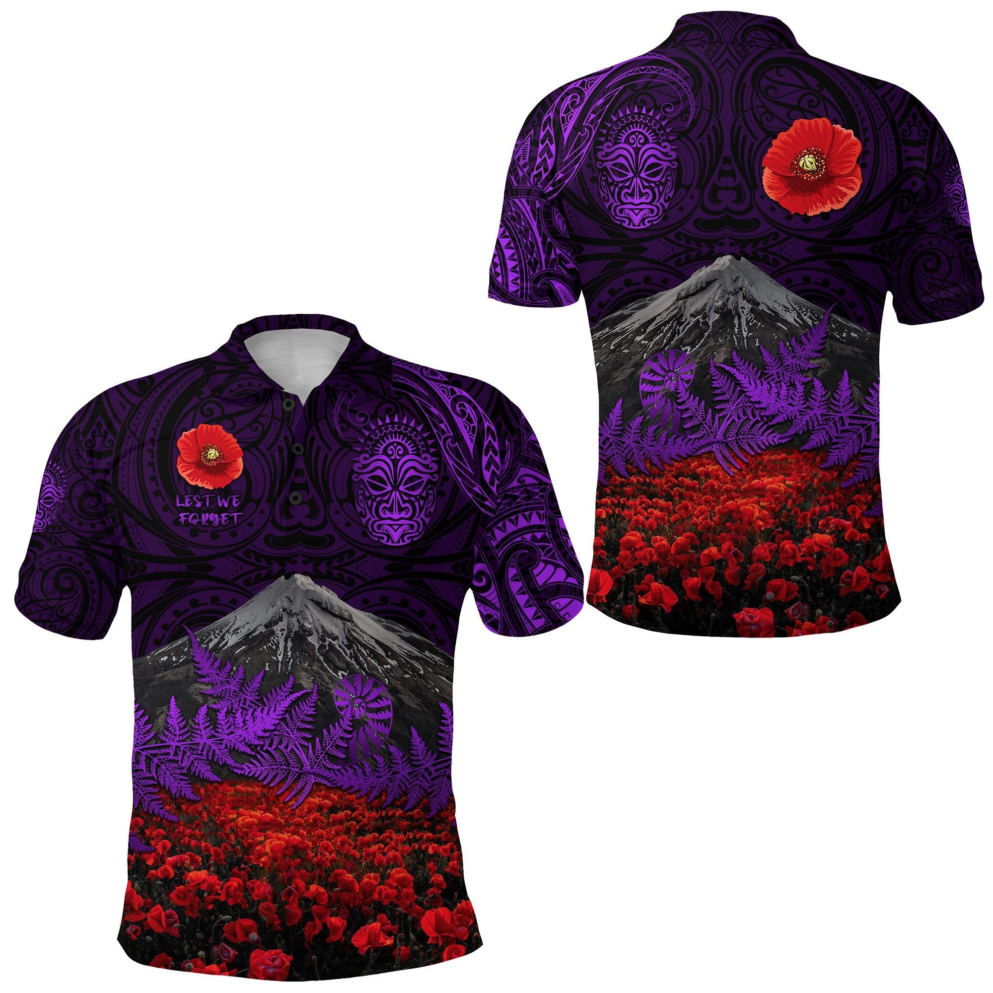 warriors-rugby-polo-shirt-new-zealand-mount-taranaki-with-poppy-flowers-anzac-vibes-purple-3