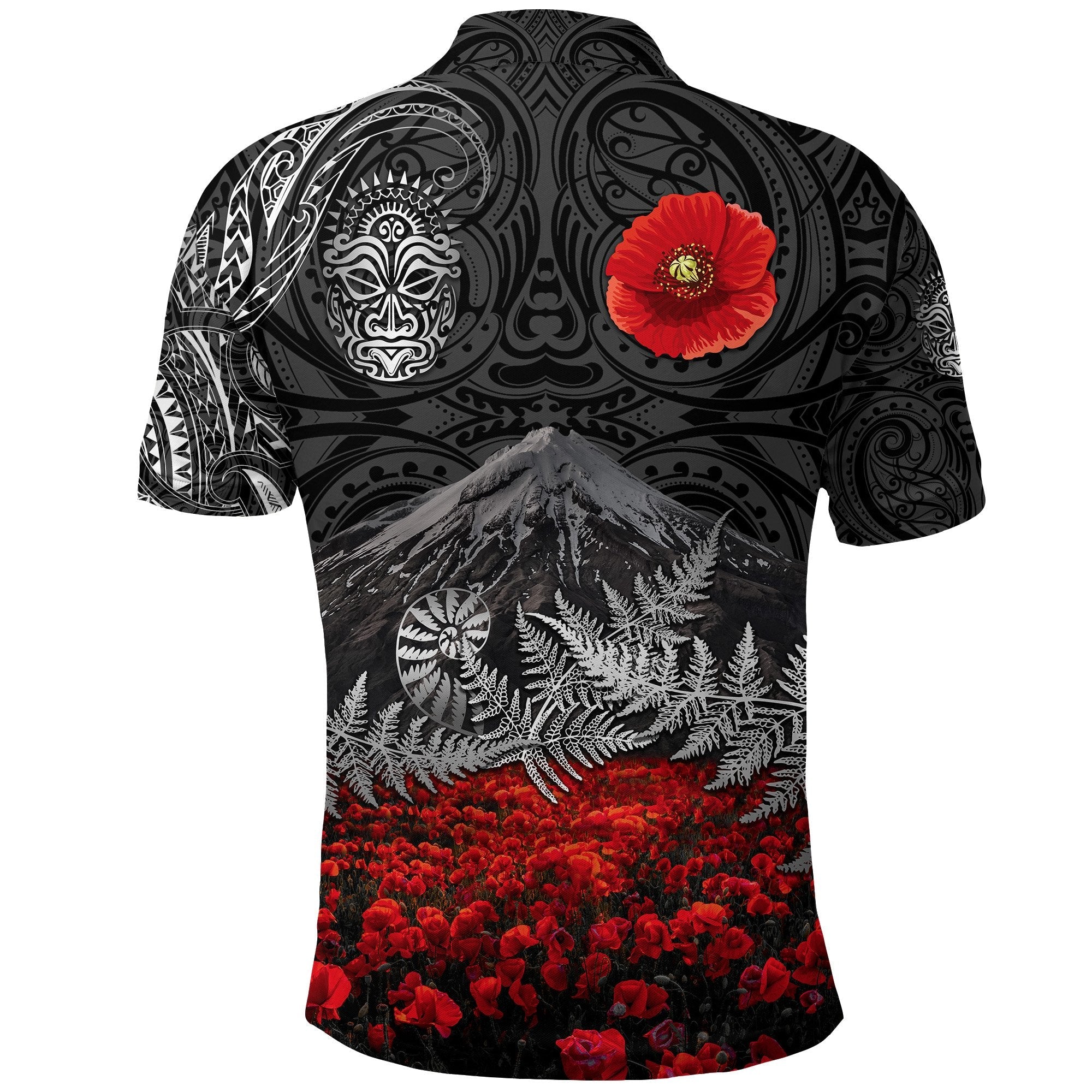 warriors-rugby-polo-shirt-new-zealand-mount-taranaki-with-poppy-flowers-anzac-vibes-black