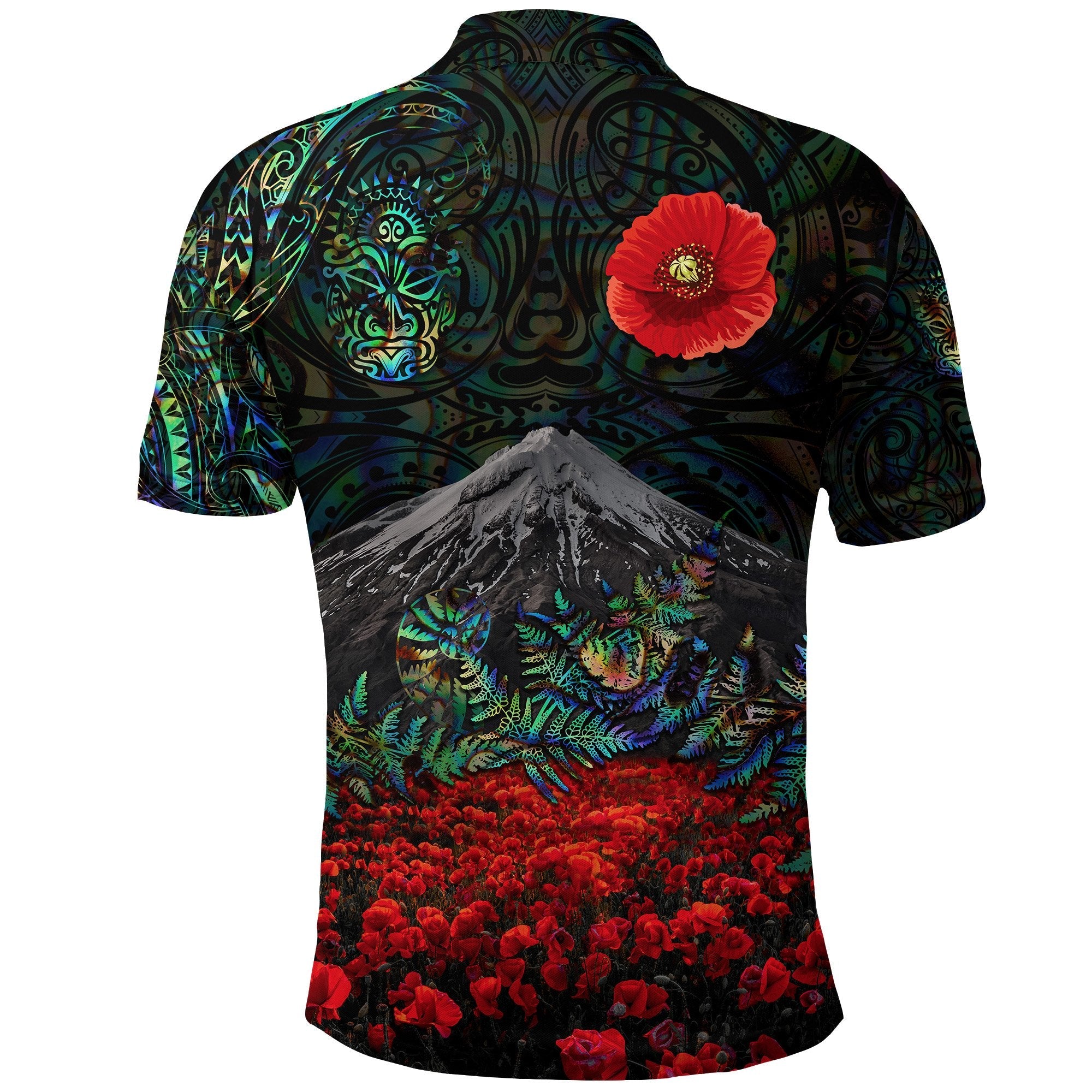 warriors-rugby-polo-shirt-new-zealand-mount-taranaki-with-poppy-flowers-anzac-vibes-paua-shell