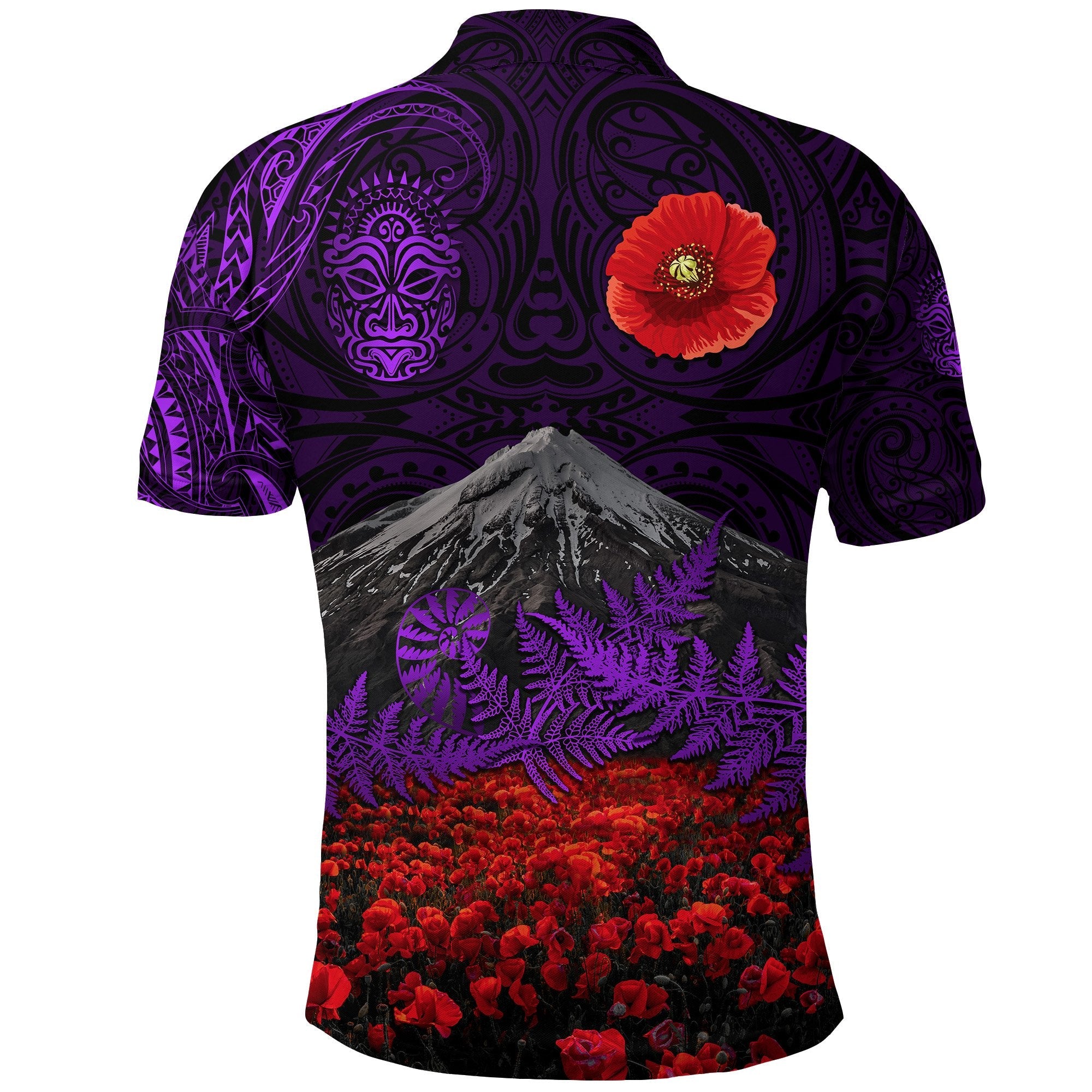 warriors-rugby-polo-shirt-new-zealand-mount-taranaki-with-poppy-flowers-anzac-vibes-purple-3