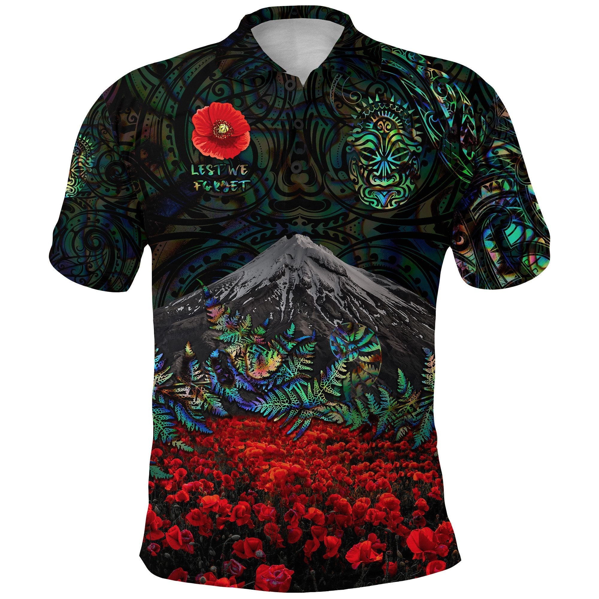 warriors-rugby-polo-shirt-new-zealand-mount-taranaki-with-poppy-flowers-anzac-vibes-paua-shell-1