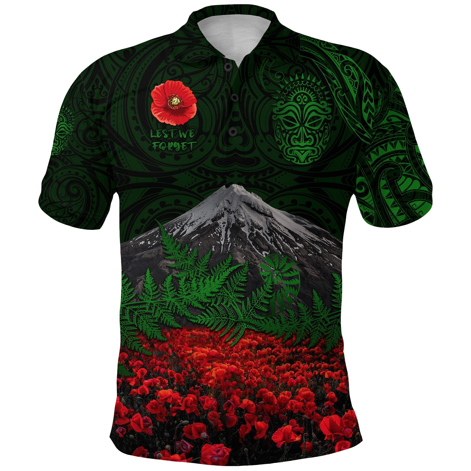 warriors-rugby-polo-shirt-new-zealand-mount-taranaki-with-poppy-flowers-anzac-vibes-green-2