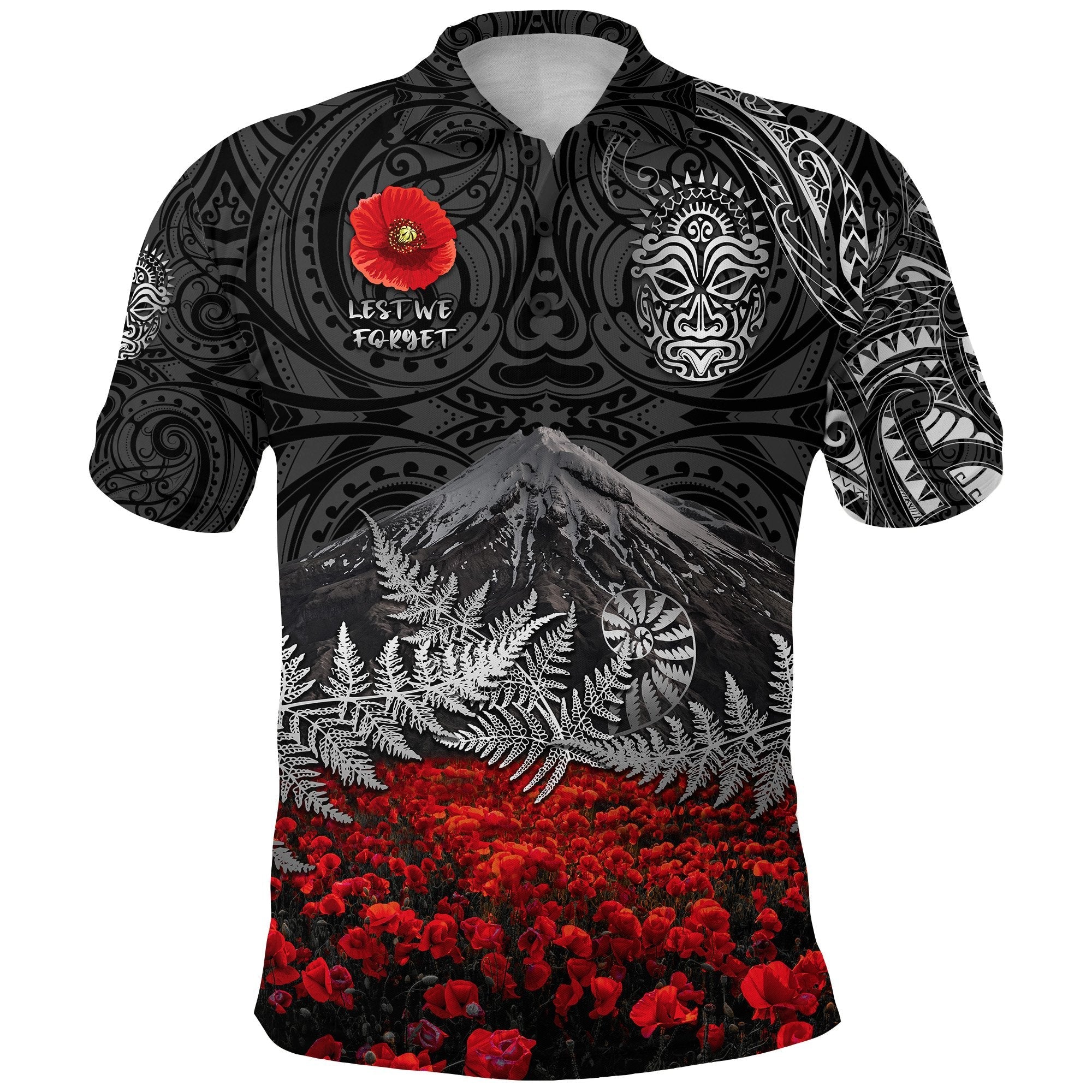 warriors-rugby-polo-shirt-new-zealand-mount-taranaki-with-poppy-flowers-anzac-vibes-black-1