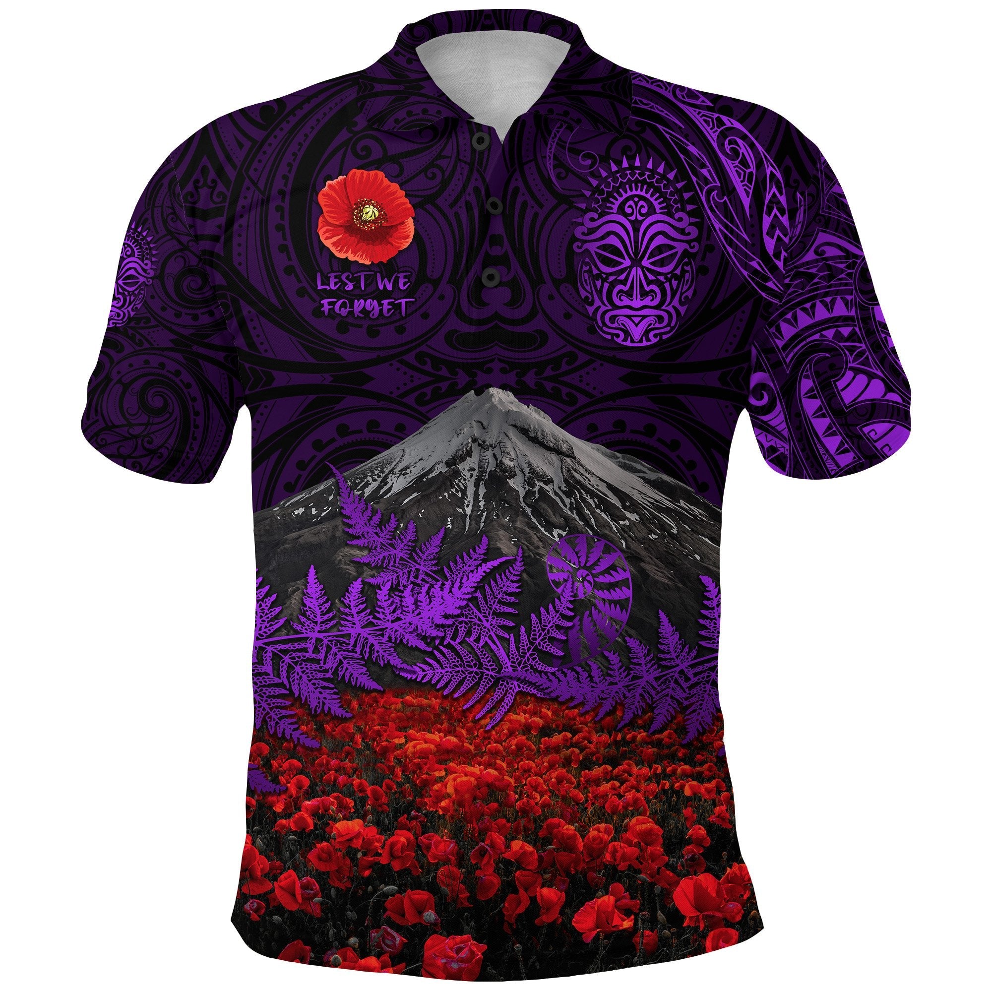 warriors-rugby-polo-shirt-new-zealand-mount-taranaki-with-poppy-flowers-anzac-vibes-purple