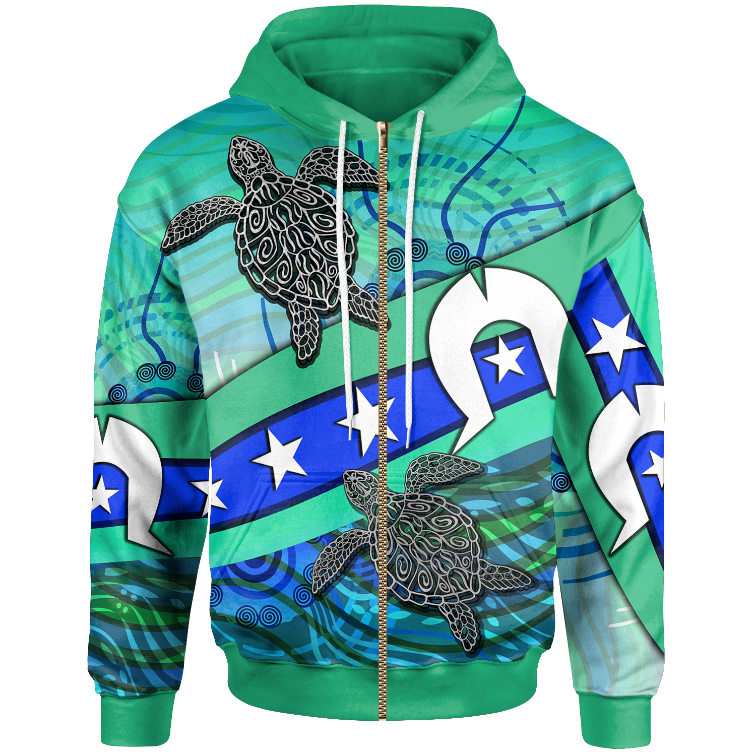 Zip-Up Hoodie - Torres Strait Flag And Turtle